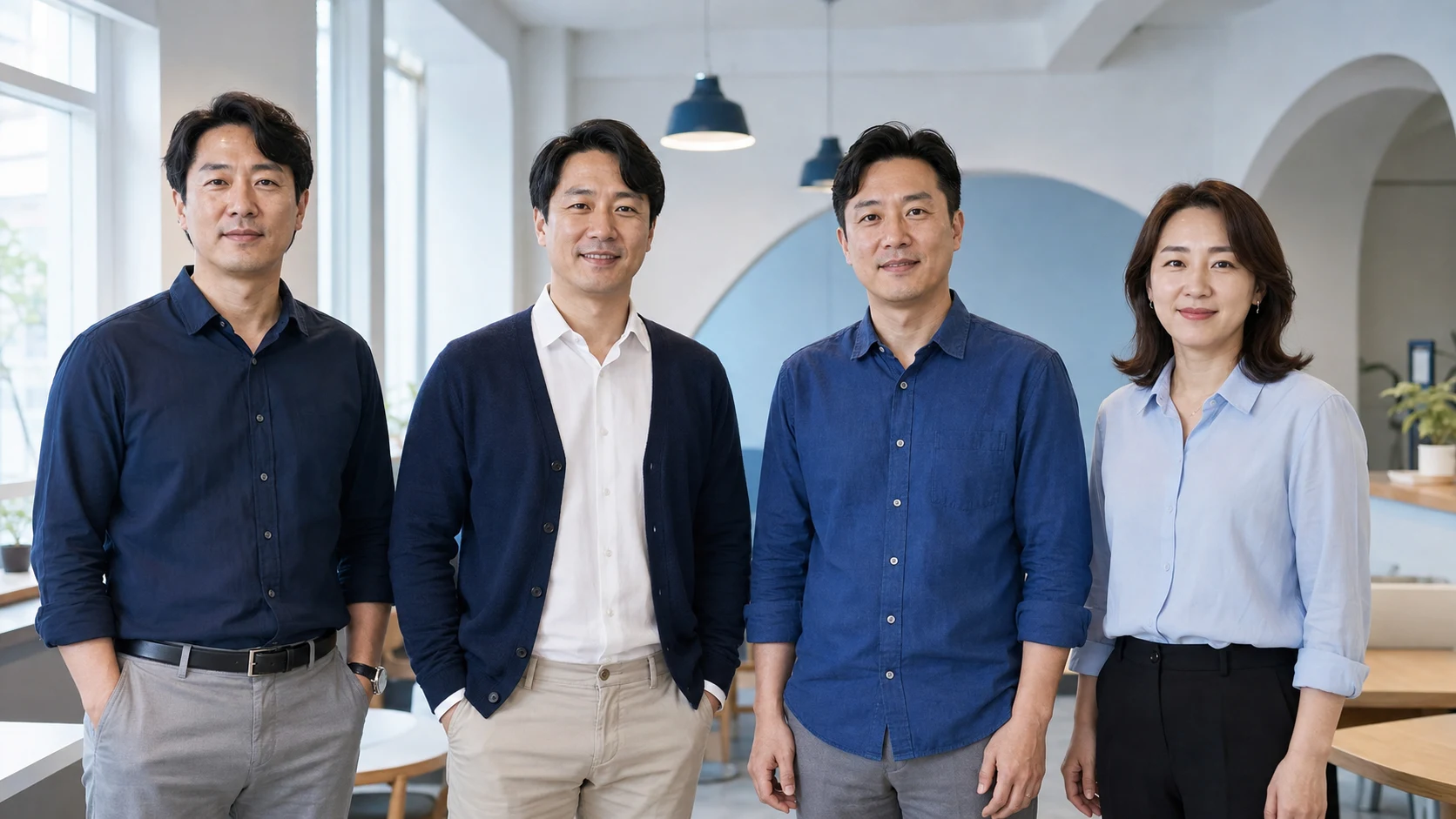 대표, 본부장, 상무, 매니저로 구성된 지니팀 핵심 운영진 네 명